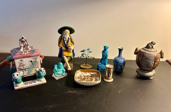 Asian 9 Piece Lot With Incense Burners And Figures