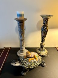 Two Tall Candle Holders And Ceramic Turtle