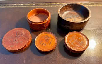 Cocobolo Wood 5 Inch Signed Bowl And Asian Themed Coaster Set