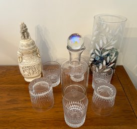 Misc Lot With Decanter - Whiskey Glasses And Asian Style Bottle With Lid