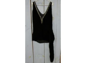 Art Deco Style Black Velvet Sleeveless Dress With Silver Beadwork Around The Plunging V Neck, Good Condition