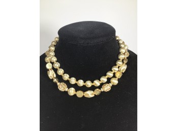 Vintage Gold Tone Two Strand Costume Necklace With Rhinestones