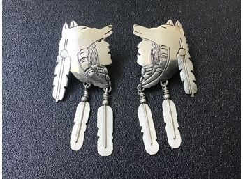 NATIVE AMERICAN STERLING SILVER EARRINGS ~FIGURAL WOLF SKIN & FEATHERS HEADRESS~