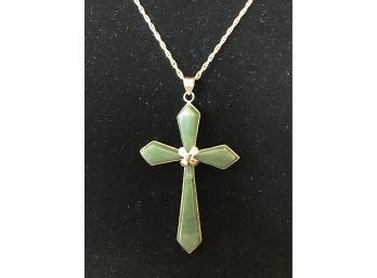 GOLD GILT OVER STERLING SILVER JADE CROSS PENDANT ON GOLD FILLED NECKLACE