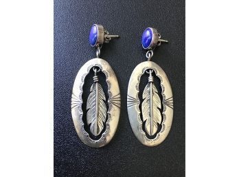 NATIVE AMERICAN STERLING SILVER & BLUE LAPIS PIERCED EARRINGS ~FIGURAL FEATHERS~