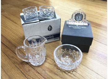 LOT OF 3 WATERFORD CRYSTAL NAPKING RINGS, SUGAR & CREAMER & DESK CLOCK