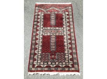 RED TURKISH WOOL RUG W/ CUSTOM CUT RUBBER UNDERMAT 3’ X 5’