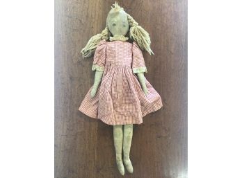 Antique Painted Cloth Doll W/ Original Dress