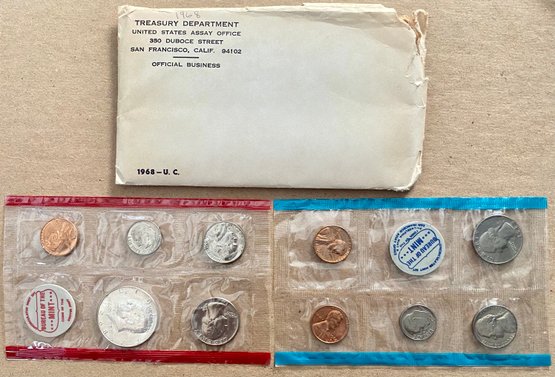 1968 Uncirculated Philadelphia  & Denver US Mint Coin Set, Containing Silver Half Dollars, Quarters, Dimes