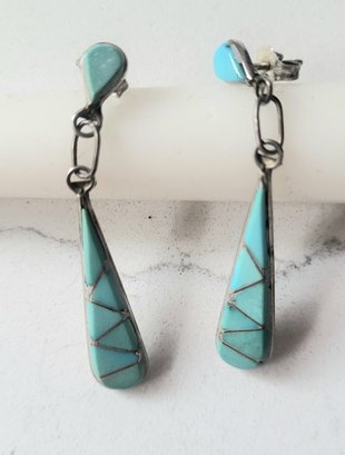 VINTAGE STERLING SILVER TURQUOISE INLAY DROP EARRINGS