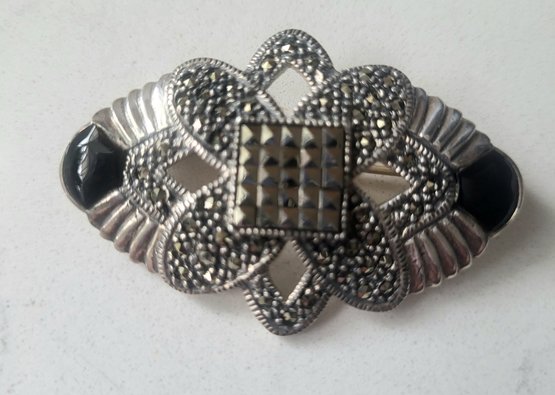 VINTAGE INSPIRED STERLING SILVER 925 MARCASITE & ONYX BROOCH