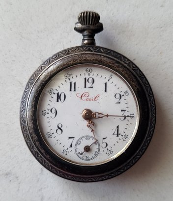 VICTORIAN ERA TURN OF THE CENTURY  800 SILVER POCKET WATCH- SIGNED  'CECIL '