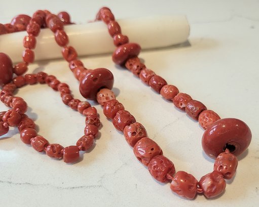 VINTAGE NATURAL RED  CORAL BEADED NECKLACE-35 LONG!