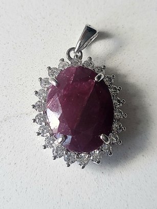 VINTAGE STERLING SILVER925 CUBIC ZIRCONIA  W/  LARGE GENUINE   INDIAN  OVAL RUBY PENDANT