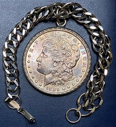 1886 Circulated Morgan Silver Dollar With Attached Chains Pictured
