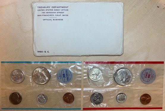 1964 Uncirculated Philadelphia & Denver US Mint Coin Set, Containing Silver Half Dollars, Quarters, Dimes