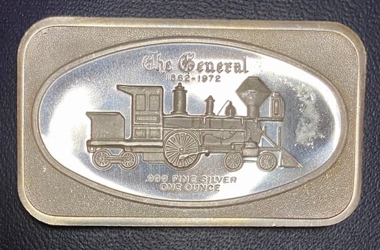 Rare 1 Oz .999 Fine Silver Bar, The General 1862-1972, Comes In Plastic Bar Sleeve, Train Engine, Locomotive
