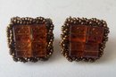VINTAGE 'VENDOME' GOLDTONE CLIP ON EARRINGS WITH AMBER COLOR SQUARE STONE MADE UP OF 4 SQUARES