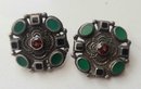 VINTAGE STERLING SILVER (925) MARKED NF--CLIP ON EARRINGS W/GREEN,BLACK & RED STONES