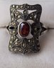 VINTAGE MARKED STERLING RING WITH RED CENTER STONE & RHINESTONES--SIZE 8 1/2