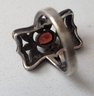 VINTAGE MARKED STERLING RING WITH RED CENTER STONE & RHINESTONES--SIZE 8 1/2