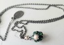VINTAGE 'MICHAL NEGRIN' SILVER NECKLACE WITH GREEN FLOWER BALL WITH BEADS IN ORIGINAL BOX