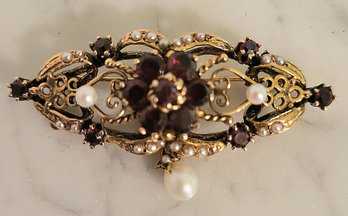 ANTIQUE 14K YELLOW GOLD VICTORIAN BROOCH W/GENUINE GARNETS & PEARLS