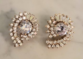 VINTAGE BOLD &   CUBIC ZIRCONIA STETRLING STUDS W/JACKETS WITH CRYSTAL BAGUETTES (RIGHT & LEFT EARRINGS)