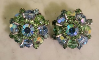 VINTAGE Signed  'WEISS' BLUE & GREEN SILVERTONE CLIP ON EARRINGS