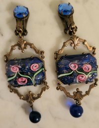 ANTIQUE VICTORIAN   STERLING   DANGLE COBALT BLUE WITH ENAMEL ROSE DESIGN  DANGLE CLIP ON EARRINGS