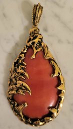 VINTAGE MID- CENTURY  MODERN GOLDTONE FAUX CORAL COLOR LARGE STONE PENDANT-VERY COLLECTIBLE!!