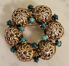 VINTAGE VICTORIAN STYLE   PIN WITH TURQUOISE BEADS & OPEN RETICULATED  DESIGN