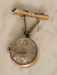 VINTAGE 'SOLOW WATCH CO' GOLDTONE WATCH PIN ORB W/SECOND HAND--7 JEWELS--WORKING!