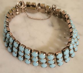 VINTAGE SILVERTONE Weiss Style BRACELET WITH Robins Egg BLUE Ccolor STONES & SAFETY CHAIN--7'L