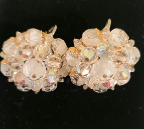 VINTAGE SIGNED 'LAGUANA' CRYSTAL & BEADS CLIP ON EARRINGS--1950'S-1960'S