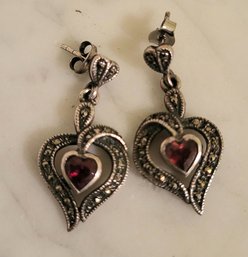 VINTAGE STERLING SILVER MARKED 925 HEART PIERCED EARRINGS WITH GARNET & Marcasite   STONES --SIGNED