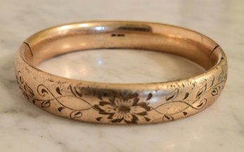 VINTAGE VICTORIAN Hand Etched -12KTGF WIDE ( 7/16') ETCHED BANGLE   Hinged BRACELET--