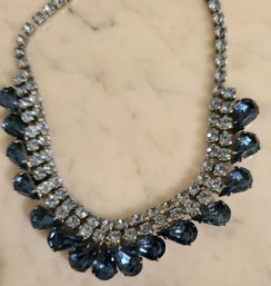 VINTAGE SILVERTONE Weiss Style  Rhinestone  CHOKER NECKLACE WITH 2 SHADES OF BLUE STONES--STUNNING!!--15'L