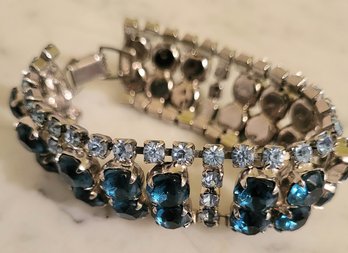 VINTAGE Weiss  Style BRACELET WITH 2 SHADES OF BLUE STONES & RHINESTONES--7 1/2'L  MEASURES 1'W