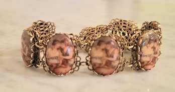 VINTAGE VICTORIAN CAMEO STYLE GOLDTONE BRACELET--7'L--WITH 8 PORCELAIN PORTRAITS