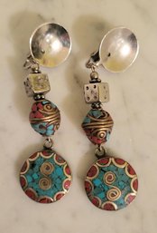 VINTAGE 1960'S RUNWAY SILVERTONE & ENAMEL CLIP ON EARRINGS WITH DICE-made In Turkey