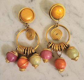 VINTAGE 1960'S RUNWAY  Long Multi-color Arts And Crafts MOD CLIP ON EARRINGS-Vibrant Colors! So Much FUN!