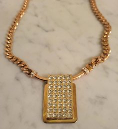 VINTAGE 1980'S MODERN  BRIGHT CHAIN  GOLDTONE NECKLACE WIT PENDANT & PAVE SET  RHINESTONES  --15'L