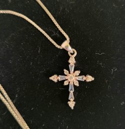 VINTAGE MARKED  Sterling Silver 925 ITALY NECKLACE  (18'L) WITH CROSS (WITH BLUE & CLEAR RHINESTONES)