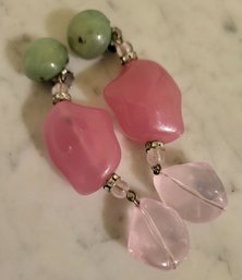 VINTAGE 1960'S RUNWAY  ITALIAN LUCITE PINK AND GREEN TONE CLIP ON EARRINGS-DANGLE EARRINGS 3.5'