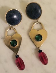 VINTAGE GOLDTONE SIGNATURE HEART SHAPE   DANGLE PIERCED EARRINGS WITH MAKERS SIGNATURE IN ORIGINAL BOX