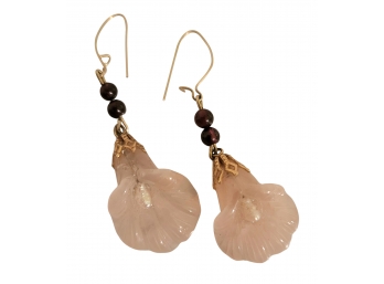 VINTAGE CHINESE ROSE QUARTZ AND GARANET GOLDTONE DANGLE PIERCED EARRINGS-2' LONG!