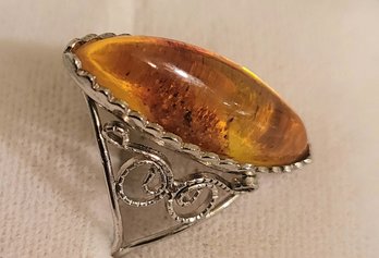 VINTAGE SIILVER RING WITH YELLOW-ORANGE AMBER MARQUIS SHAPESTONE --SIZE 8