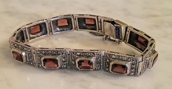 VINTAGE QUALITY  MARKED 925 STERLING SILVER  HEAVY   BRACELET WITH EMERALD SHAPE  Garnet STONES & MARCASITE