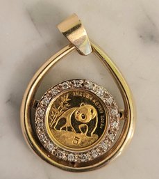 VINTAGE 14Kt Yellow GOLD  & DIAMOND  PENDANT W/  CHINESE  PANDA COIN --1990 1/2O OZ. .999  FINE GOLD PENDANT